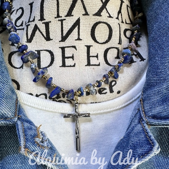 Lapis Blue Beaded Necklace with Cross Pendant - Picture 2 of 3